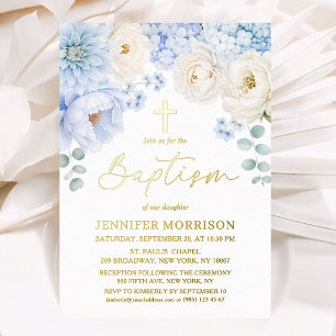 Elegant Boy Baptism Dusty Blue Floral Real Gold Foil Invitation