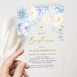 Elegant Boy Baptism Gold Cross Dusty Blue Floral Acrylic Invitations