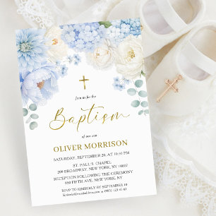 Elegant Boy Baptism Gold Cross Dusty Blue Floral  Invitation