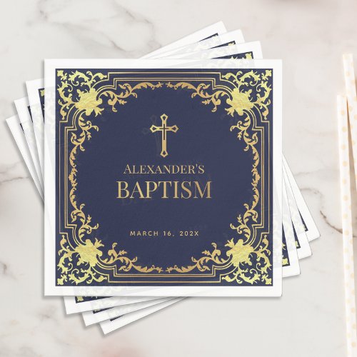 Elegant Boy Baptism Navy Blue Faux Gold Foil Cross Napkins
