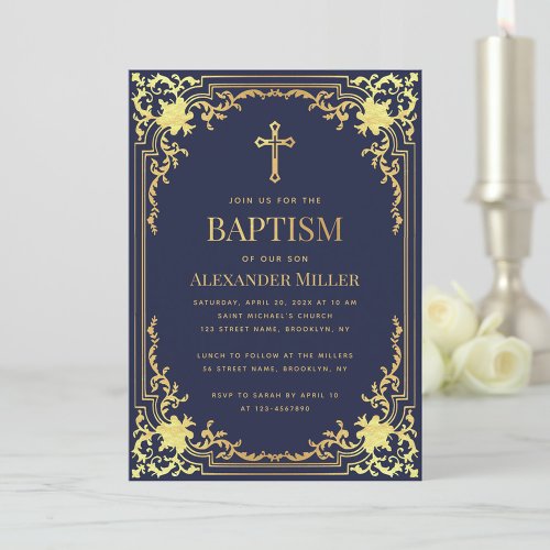 Elegant Boy Baptism Navy Blue Faux Gold Vintage  Invitation