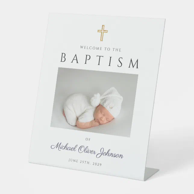 Elegant Boy Baptism Navy Blue Photo Welcome Pedestal Sign | Zazzle
