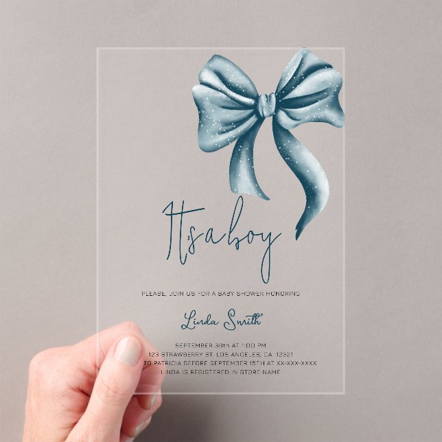 Elegant Boy Blue Bow Baby Shower Acrylic Invitations (Insitu (Handheld))