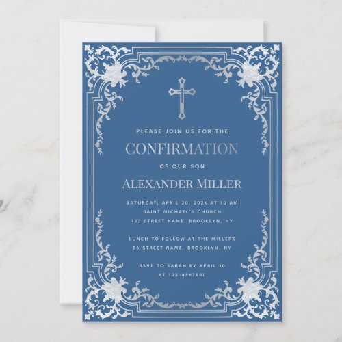 Elegant Boy Confirmation Classic Blue Faux Silver  Invitation