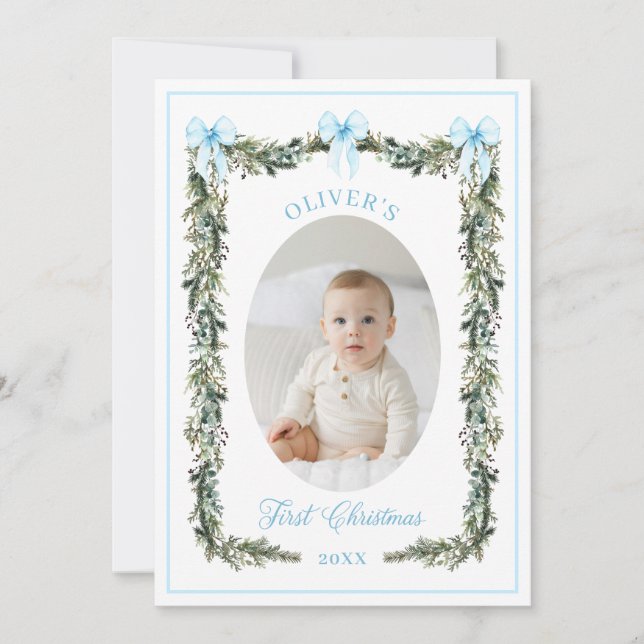 Elegant Boy First Christmas Photo Card (Front)