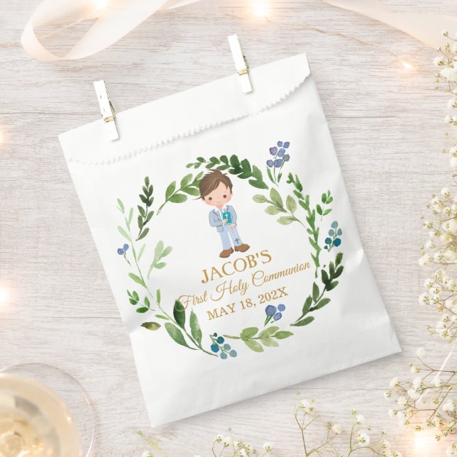 Elegant Boy First Holy Communion Greenery Wreath Favor Bag (Clipped)
