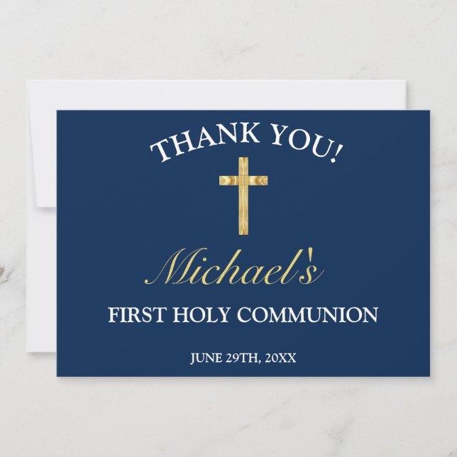 Elegant Boys Gold Blue Cross First Communion Thank You Card (Front)