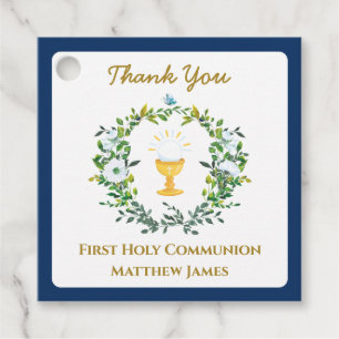 Elegant Boys Navy Floral First Holy Communion Favor Tags
