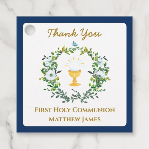 Elegant Boys Navy  Floral First Holy Communion Favor Tags