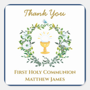 Elegant Boys Navy Floral First Holy Communion Square Sticker