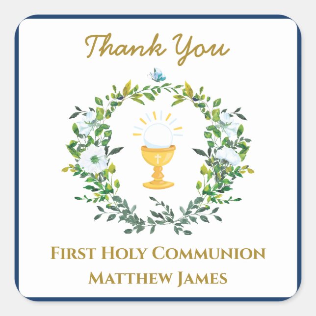 Elegant Boys Navy  Floral First Holy Communion Square Sticker (Front)