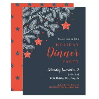 Elegant Branches and Star Ornaments Holiday Party Invitation