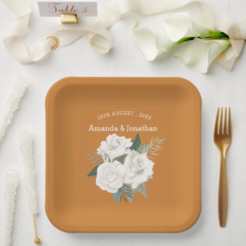 Elegant Brandy Punch Brown  White Roses Wedding  Paper Plates