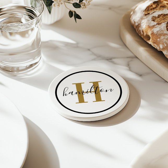 Elegant Brass Black Round Custom Monogram Initial Coaster (Creator Uploaded)