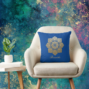 Elegant Breathe Deep Royal Blue and Gold Mandala Throw Pillow