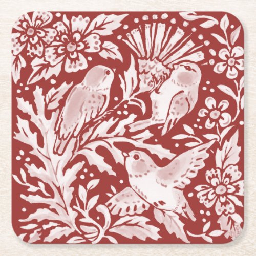 Elegant Brick Red Woodland Birds on Thistle Flower Square Paper Coaster