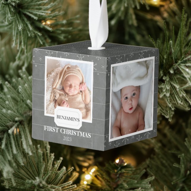 Elegant Brick Wall Baby First Christmas 4 Photo Cube Ornament (Tree)