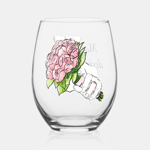 Elegant Bridal Bouquet Hand Sketch Stemless Wine Glass