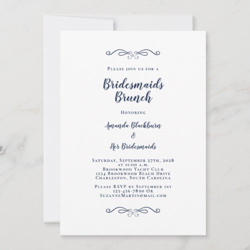 Elegant Bridal Brunch Bridesmaids Navy Blue White Invitation