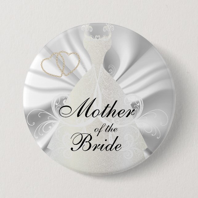Elegant Bridal Dress on White Satin Pinback Button (Front)