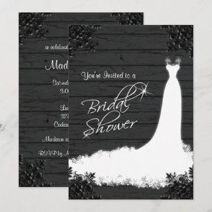 Elegant Bridal Gown on Rustic Black Wood Invitation