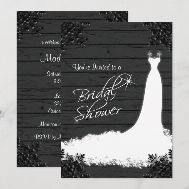 Elegant Bridal Gown on Rustic Black Wood Invitation (Front/Back)