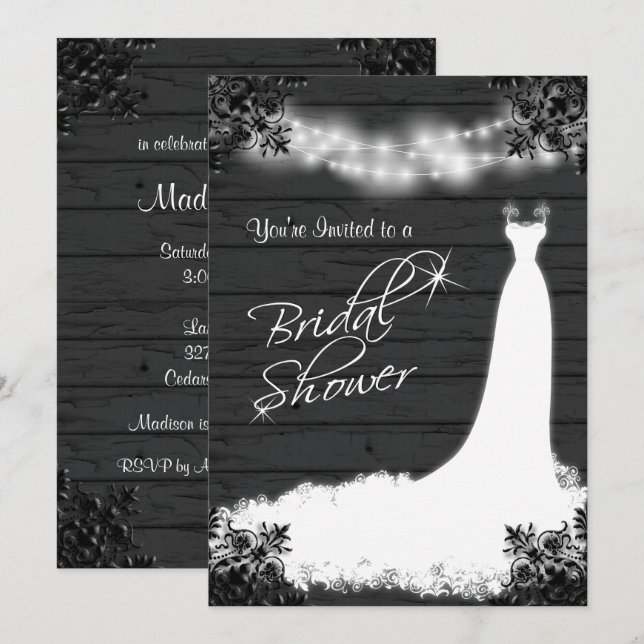 Elegant Bridal Gown on Rustic Black Wood Invitation (Front/Back)