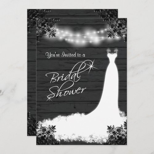 Elegant Bridal Gown on Rustic Black Wood Invitation