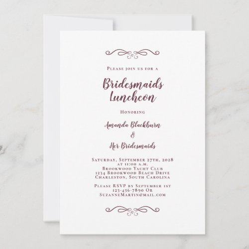 Elegant Bridal Luncheon Bridesmaids Burgundy White Invitation