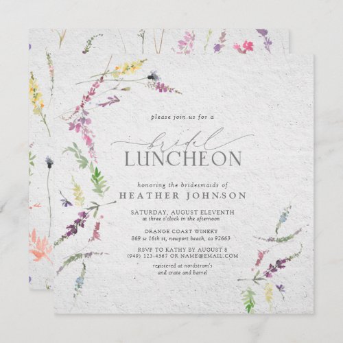 Elegant Bridal Luncheon Floral Wildflower Invitation - The Elegant Wildflower Watercolor Floral Bridal Luncheon Invitation is a traditional way to celebrate and thank your bridesmaids before the wedding, for all the help they've given you with your wedding. This invitation design features watercolor wildflower motifs in soft shades of blush pink, lilac and lavender, yellows, blues and delicate green botanical leaves. Personalize your bridal luncheon details in off-black, accented with beautiful modern hand lettered calligraphy. Part of a co-ordinated suite. View suite here: https://www.zazzle.com/collections/elegant_wildflower_watercolor_floral_bridal_shower-119635760261893795 Contact designer for matching products. Copyright Anastasia Surridge for Elegant Invites, all rights reserved.