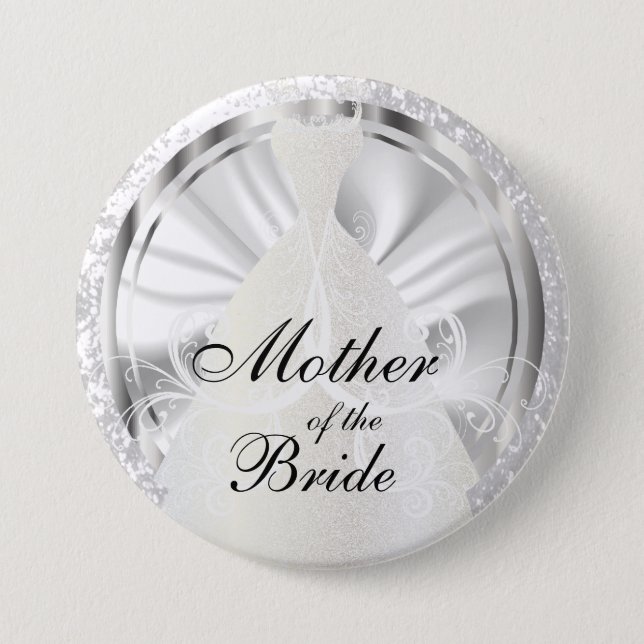 Elegant Bridal Party with White & Silver Accents Button (Front)
