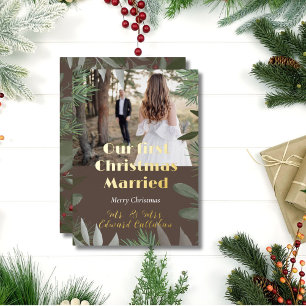 Elegant Bridal Photo Brown 1st Christmas Married Foil Holiday Card