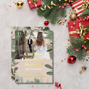 Elegant Bridal Photo Peach 1st Christmas Married Foil Holiday Card