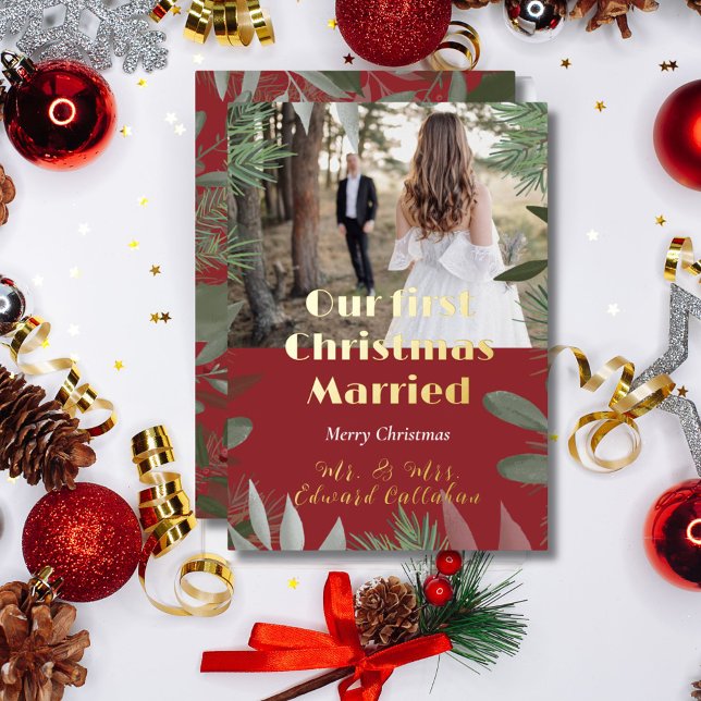Elegant Bridal Photo Red 1st Christmas Married  Foil Holiday Card (Creator Uploaded)