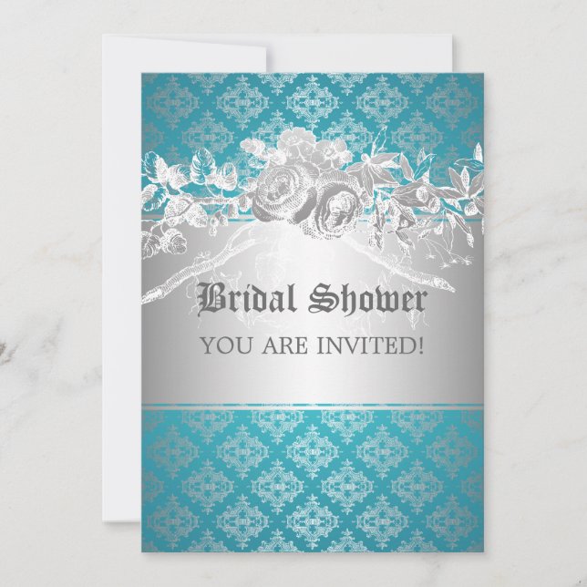 Elegant Bridal Shower Baroque Flourish Blue Invitation (Front)