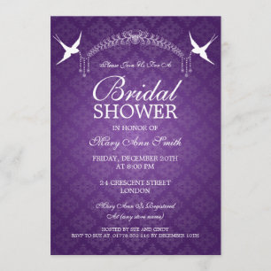 Elegant Bridal Shower Birds & Diamonds Purple Invitation