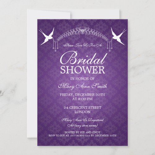 Elegant Bridal Shower Birds &amp; Diamonds Purple Personalized Invitations