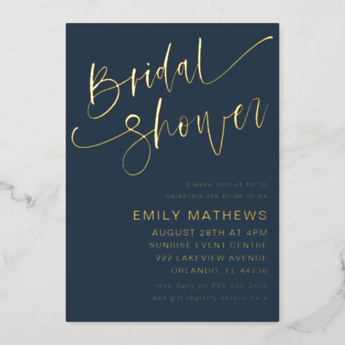 Elegant Bridal Shower Blue  Gold Calligraphy Foil Invitation