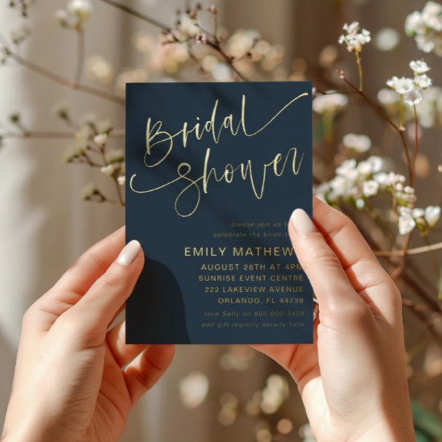 Elegant Bridal Shower Blue & Gold Calligraphy Foil Invitation (Creator Uploaded)