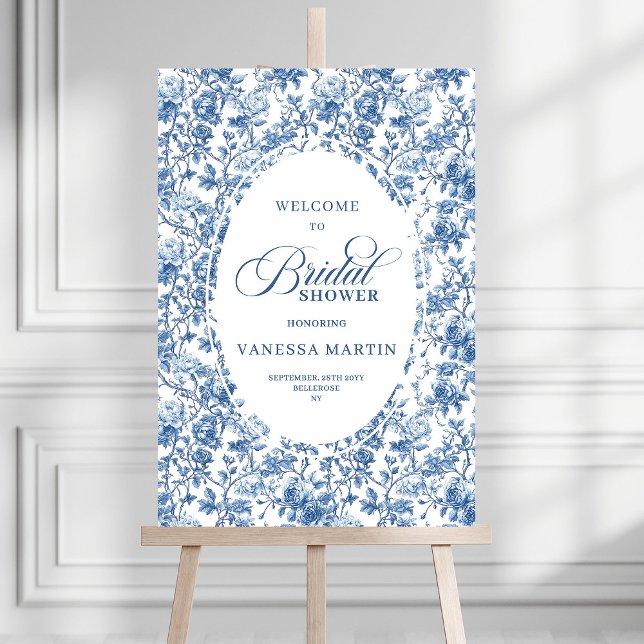 Elegant Bridal Shower Blue Roses Toile Welcome Sig Foam Board (Elegant Bridal Shower Blue Roses Toile Welcome Sig Foam Board)