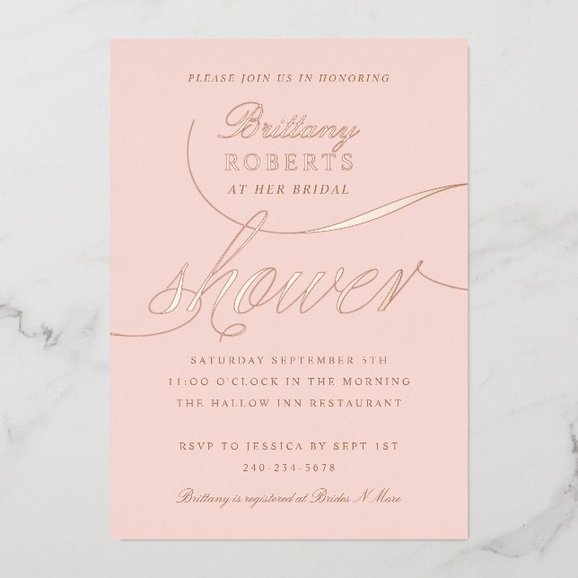 Elegant Bridal Shower Blush Rose Gold Foil Invitation (Front)