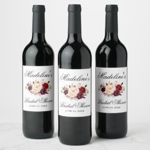 Elegant Bridal Shower Burgundy Floral Wine Label
