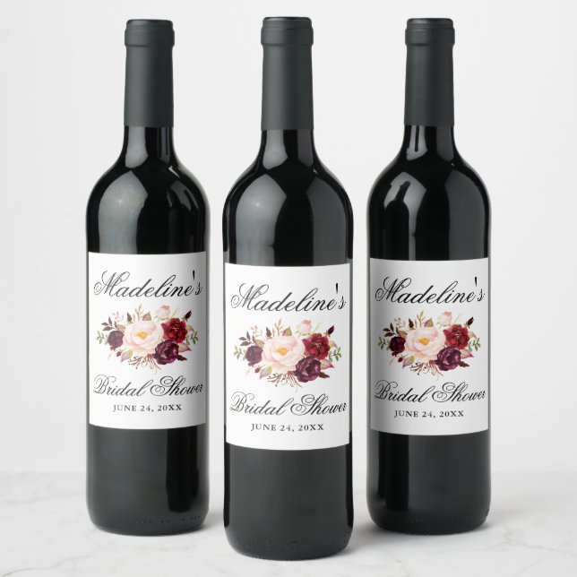 Elegant Bridal Shower Burgundy Floral Wine Label (Bottles)