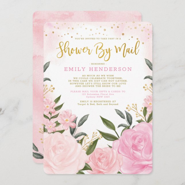 Elegant Bridal Shower By Mail Blush Pink Floral Invitation (Front/Back)