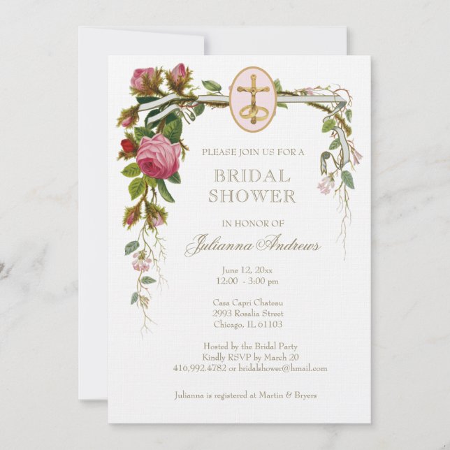Elegant Bridal Shower Catholic  Roses Invitation (Front)