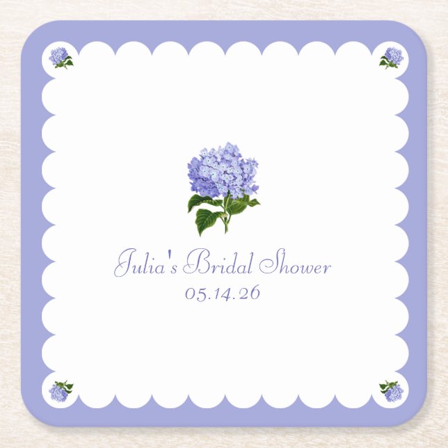 Elegant Bridal Shower Classic Hydrangea Scalloped Square Paper Coaster (Front)