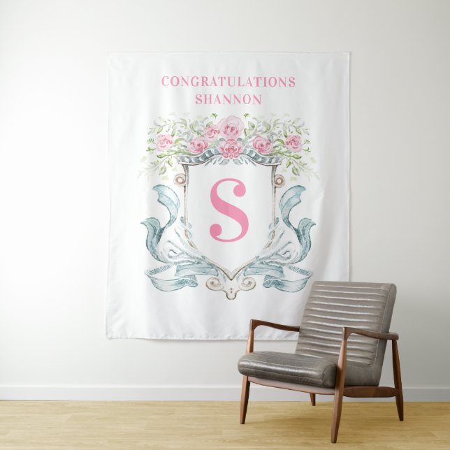 Elegant Bridal Shower Crest w/ Roses Backdrop (In Situ)