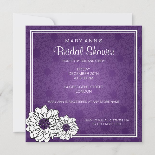Elegant Bridal Shower Dahlia Floral  Purple Invitation (Front)