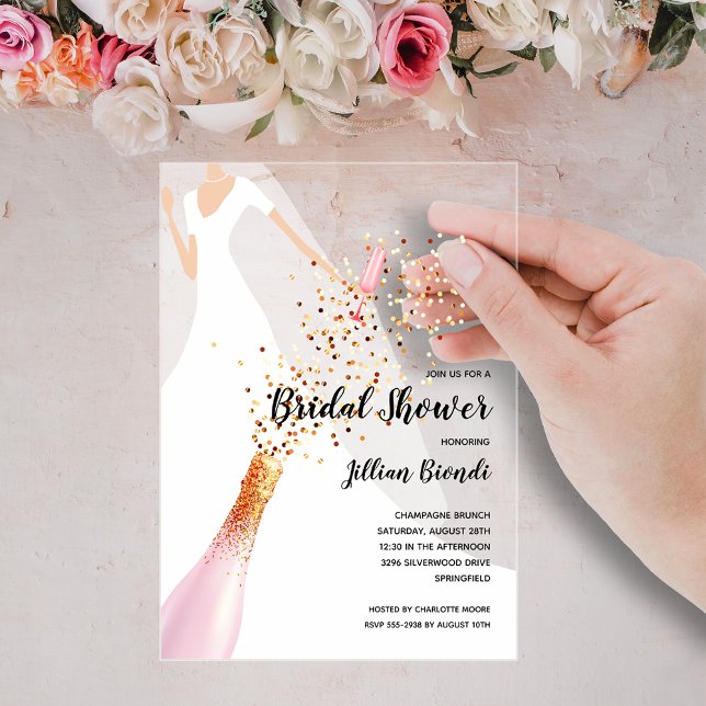 Elegant Bridal Shower Dress and Veil Acrylic Invitations (Bridal shower ACRYLIC invitations with gown, veil, champagne bottle, glass and confetti)