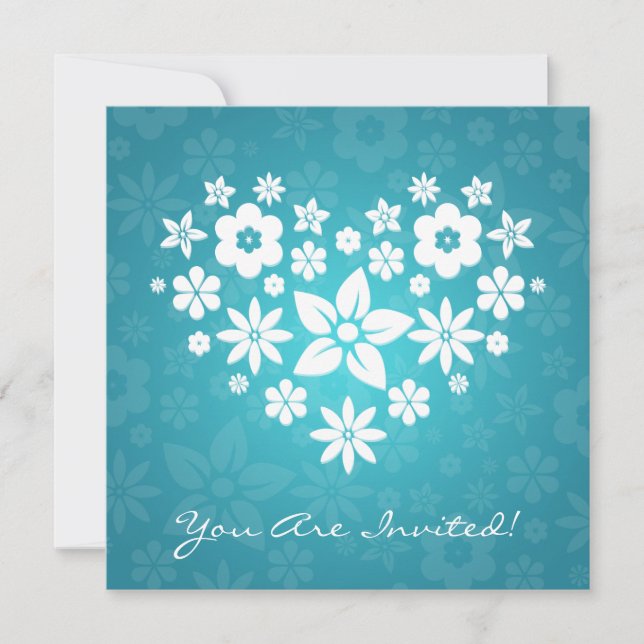Elegant Bridal Shower Flowery Heart Blue Invitation (Front)